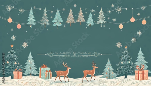 Fototapeta Winter Forest with Christmas Trees and Reindeer: Illustration of winter landscape with decorated Christmas trees, reindeer, gift boxes, and festive decorations on a snowy background.