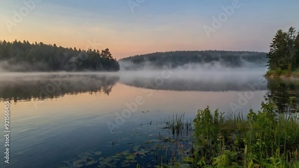Obraz  lake with a misty sunrise over the trees.