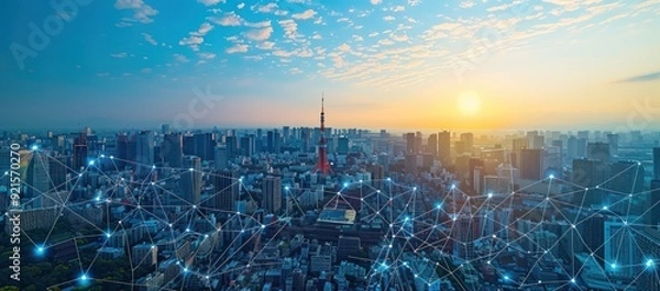 Obraz Sunrise over Tokyo Skyline with Network Connections