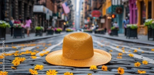 Obraz yellow hat on the road with yellow flowers on the edge