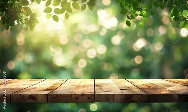 Fototapeta Brown wooden planks with trees around them