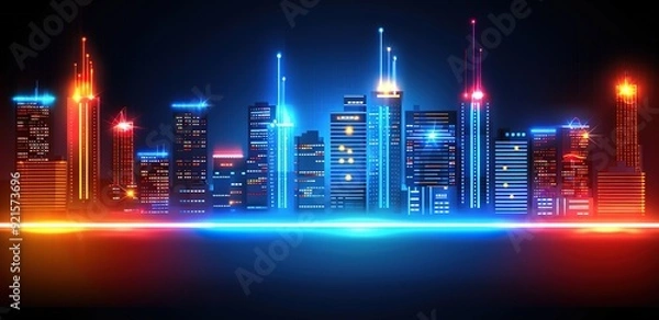 Fototapeta A modern city with tall buildings and blue, yellow, and red lights