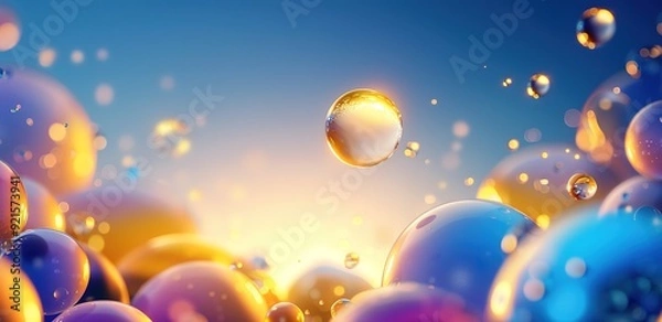 Fototapeta Bubbles with pink, yellow, and blue colors against the background of the morning sky  