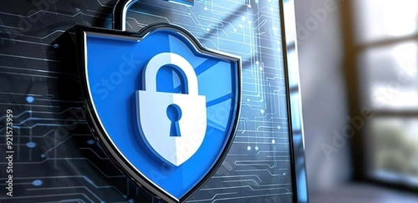 Fototapeta Blue padlock symbol walled with blurr background
