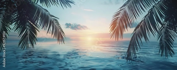 Fototapeta beach at sunset with calm water with coconut trees beside it