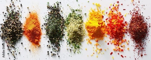 Fototapeta Rows of colorful spices and powders lined up neatly with a white background 