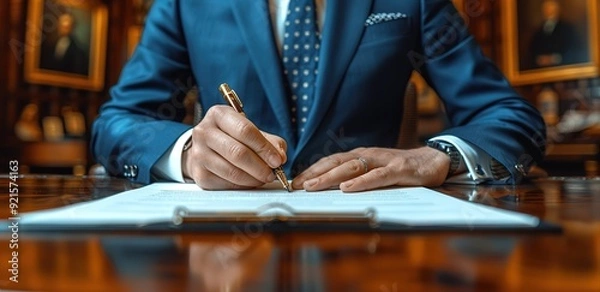 Fototapeta bussinesmen wearing a neat suit writing on white paper with an office background