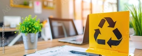 Fototapeta A recycling symbol with a yellow board inside an empty office