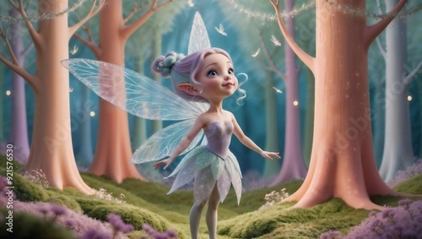 Fototapeta Whimsical fairy in a magical forest surrounded by glowing butterflies.