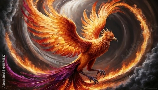 Fototapeta Fiery phoenix soaring with vibrant flames in a mystical swirl.