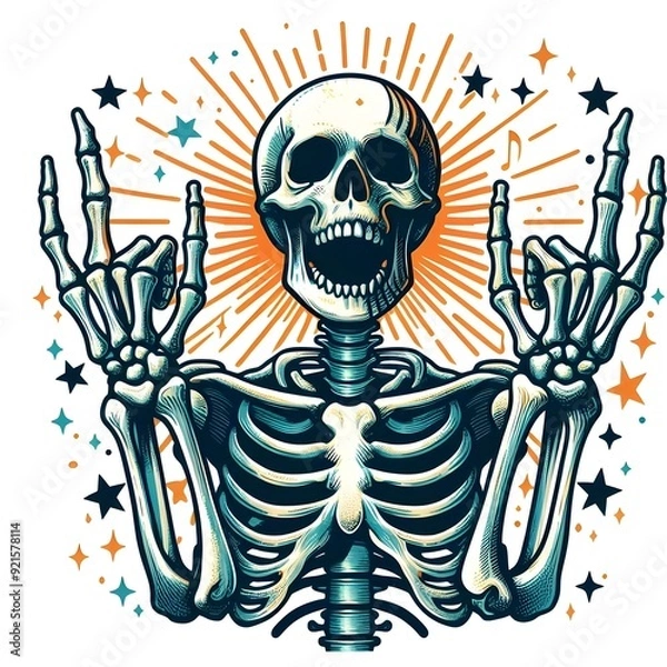 Fototapeta Rock and Roll Skeleton with Starburst Background