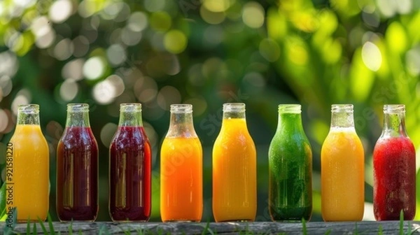 Fototapeta Assortment of colorful juices in glass bottles on a wooden surface
