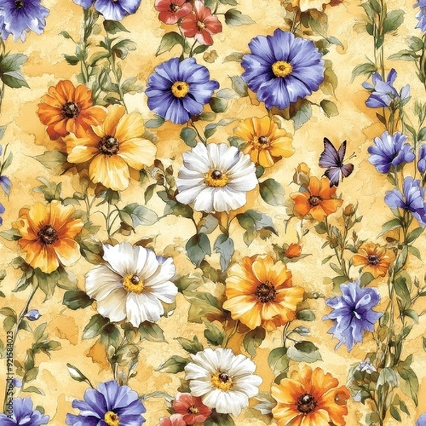 Obraz seamless pattern, A watercolor painting of an enchanted Oneder Land garden, with colorful flowers growing tall and lush, surrounded by delicate, translucent butterflies