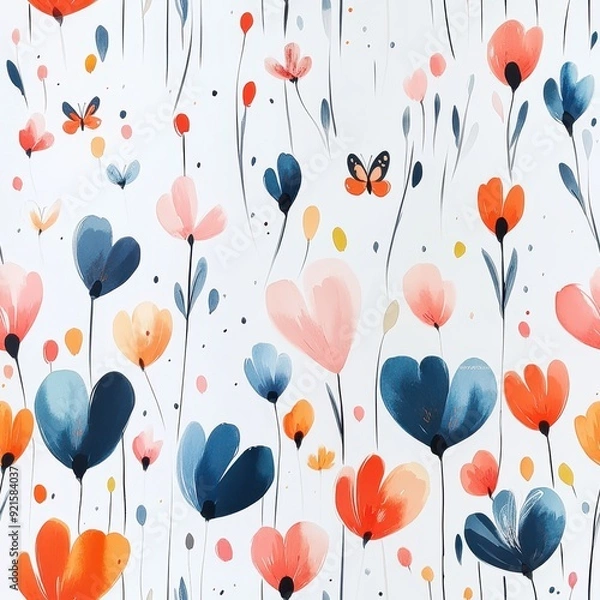 Fototapeta seamless pattern, A watercolor painting of an enchanted Oneder Land garden, with colorful flowers growing tall and lush, surrounded by delicate, translucent butterflies