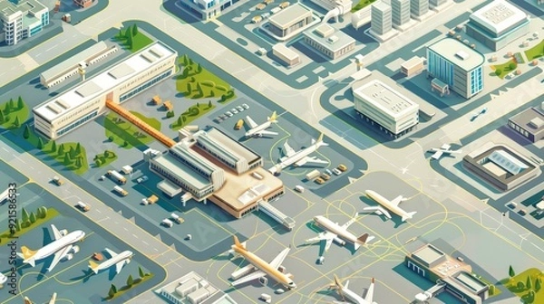 Fototapeta An isometric view of a city airport with terminals, runways, and surrounding infrastructure, illustrating the connectivity of the urban area.