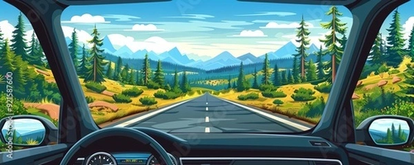 Obraz Cross-country road trip adventure with diverse landscapes passing by through the car windows, from forests to deserts