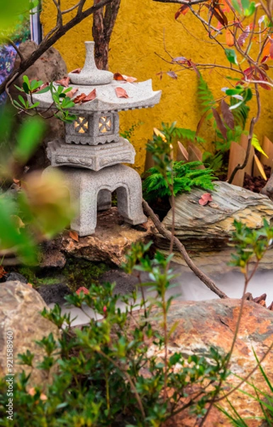Fototapeta Minimal Japanese garden in home with small stone lantern and bamboo fountain and moss and flowers.
