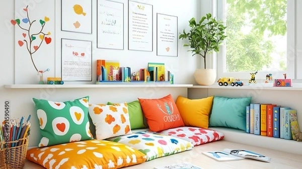 Obraz Kid s reading corner with colorful cushions, whimsical decor, and playful ambiance