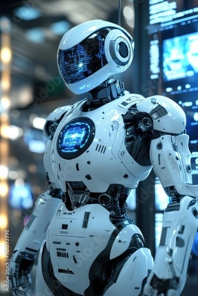 Fototapeta Futuristic Robot with Blue Digital Screen Display.