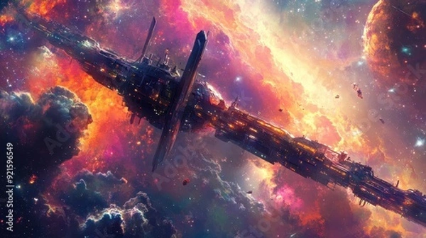Obraz Futuristic Spaceship Soaring Through a Vibrant Nebula in Outer Space