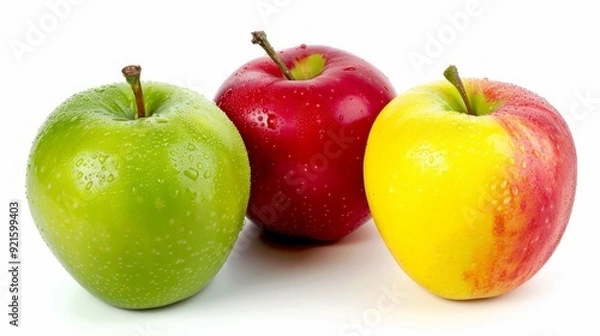 Fototapeta A colorful assortment of apples â€“ red apple, green apple, and yellow apple â€“ isolated on a white background