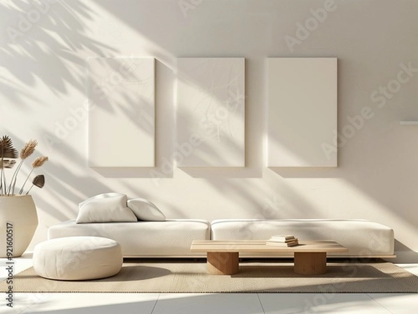 Fototapeta Living room light interior with set of empty clean canvas frames on interior wall for mockup. AI generated