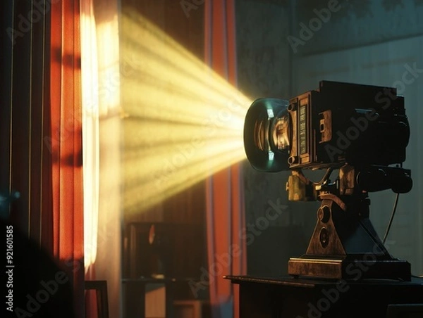 Obraz Vintage Film Projector Casting Light Beam Through Window with Red Curtains.
