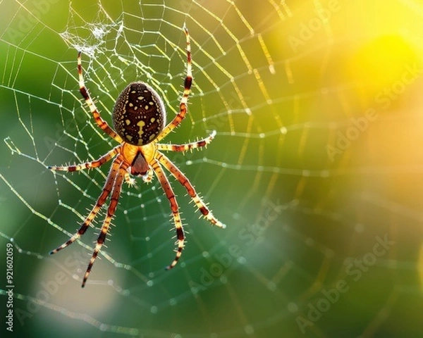 Fototapeta A detailed close-up of a spider on its intricately woven web, illuminated by soft, natural light, showcasing nature's beauty.