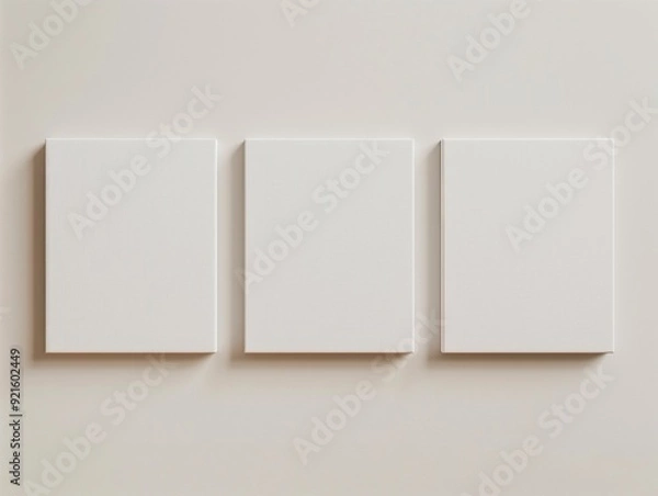 Fototapeta Living room light interior with set of empty clean canvas frames on interior wall for mockup. AI generated