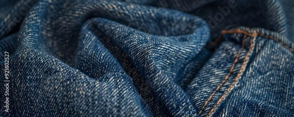 Fototapeta Close-up of Wrinkled Blue Denim Fabric with Stitching