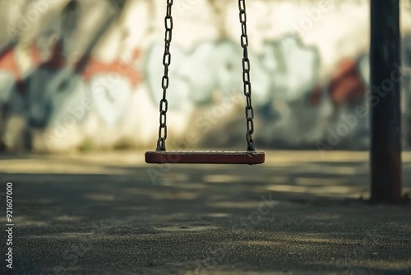 Fototapeta A lonely swing hanging silently in an empty playground, evoking nostalgia and quiet moments of childhood play.