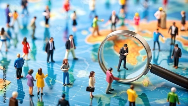Fototapeta Miniature Clay world tiny people abstract looking for finding recruiting right candidates business partners 