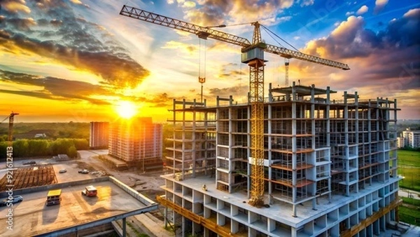 Obraz Building under construction, crane and building construction site on sunset daytime, industrial development 