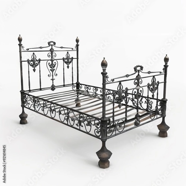 Fototapeta 3D Render, Low Poly style of an ancient Roman iron bed frame, on isolated white background