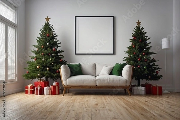 Fototapeta Empty blank frame with Big beautiful christmas tree on wooden floor White wall background