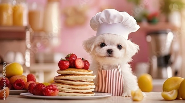 Fototapeta Whimsical Puppy Chef: Adorable Cartoon Puppy in Chef Hat Next to Fruit-Stacked Pancakes - Perfect for Bright Café Posters or Cheerful Kitchen Decor!