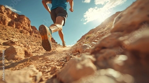 Fototapeta Trail runner ascending rocky terrain under bright sunlight