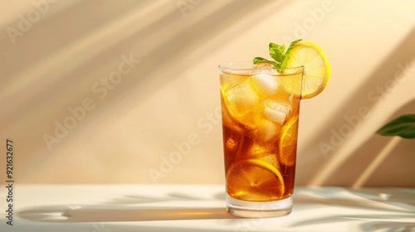 Fototapeta Long Island ice tea cocktail drink with vodka, rum, tequila, gin, liquor, lemon juice, cola and ice with lemon slice and mint in highball glass. Beige background, hard light, minimalism