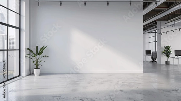 Fototapeta White open space office blank wall, A room with a white wall that has a plant on it