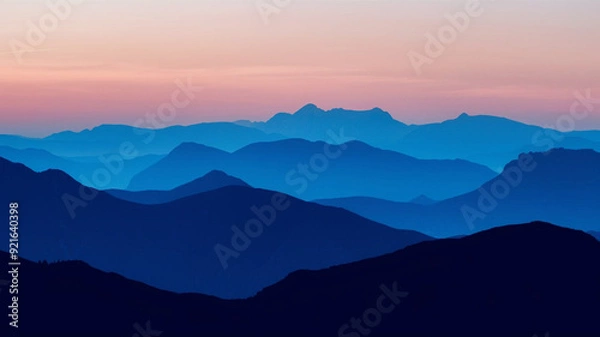 Fototapeta Illustrate a series of overlapping blue curves that form the silhouette of a distant mountain range at dusk.