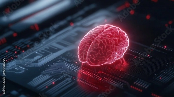 Fototapeta Futuristic digital brain on a circuit board, symbolizing technology, intelligence, and innovation in artificial intelligence.