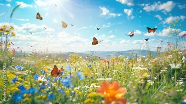 Fototapeta A sprawling meadow blanketed in wildflowers, vibrant under the midday sun, with butterflies flitting about and a clear blue sky overhead, capturing the essence of a perfect spring day.