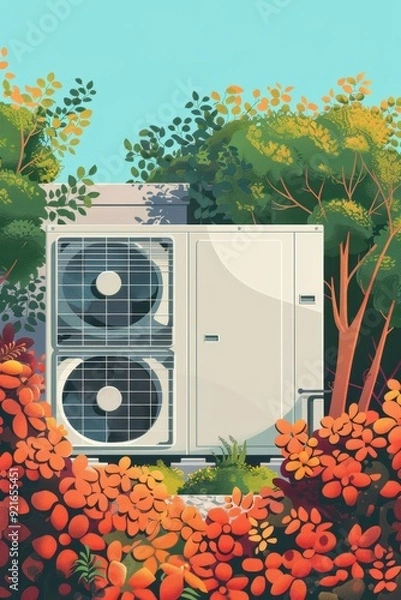 Fototapeta Modern Air Conditioning Unit Surrounded by Vibrant Foliage and Colorful Flowers in a Lush Garden Setting