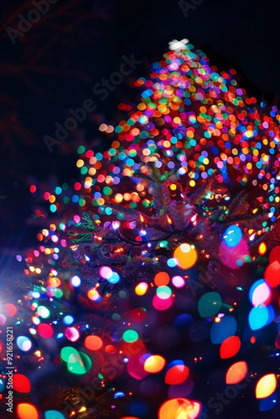 Fototapeta  A vibrant display of multicolored lights on an outdoor Christmas tree, creating a bokeh effect against a dark background. Copy space. Phone screen wallpaper.