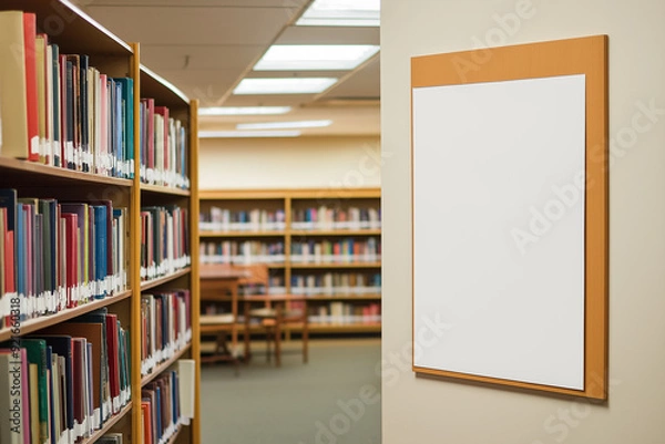 Fototapeta A blank vertical poster frame on a wall inside a library, with bookshelves filled with colorful books in the background, ideal for educational or informational mockups with copy space.