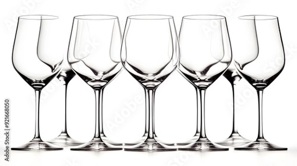 Fototapeta A beautiful set of elegant crystal wine glasses standing upright on a white background ready for a sophisticated