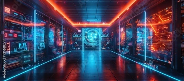 Fototapeta Futuristic Data Center with Neon Lights and High-Tech Digital Interfaces