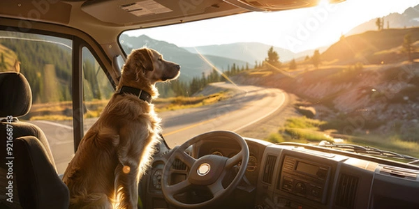 Fototapeta A dog is sitting in the driver's seat of a van. The dog is looking out the window, watching the scenery go by. The van is driving down a road with mountains in the background