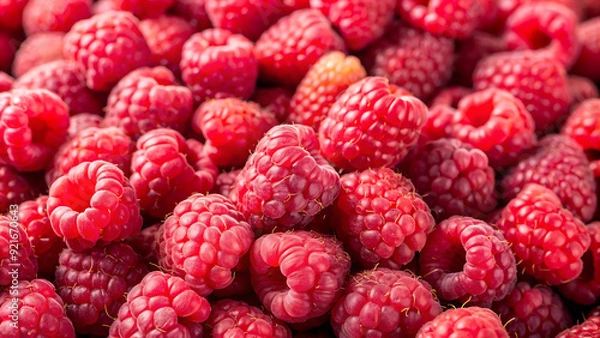 Fototapeta Background of fresh sweet red raspberries arranged together representing concept of healthy diet
