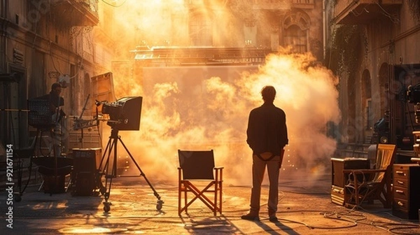 Fototapeta Guy in directors chair in front of large movie set